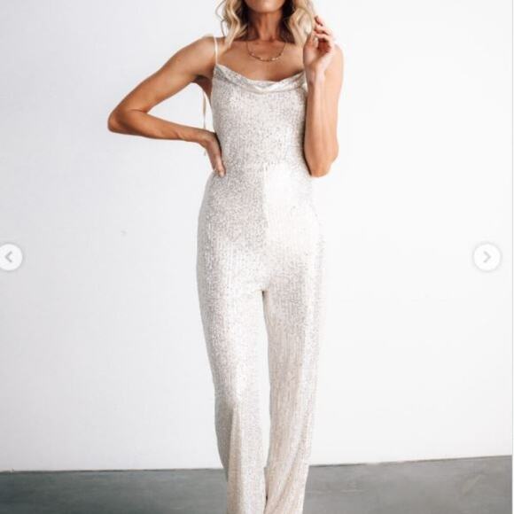 Baltic Born Pants - Baltic Born NWT Willett Sequin Jumpsuit Silver XL Wide Leg Drapey Party Cocktail